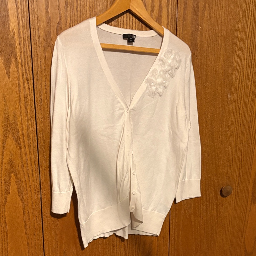 White V-Neck Button Cardigan with Floral Accent